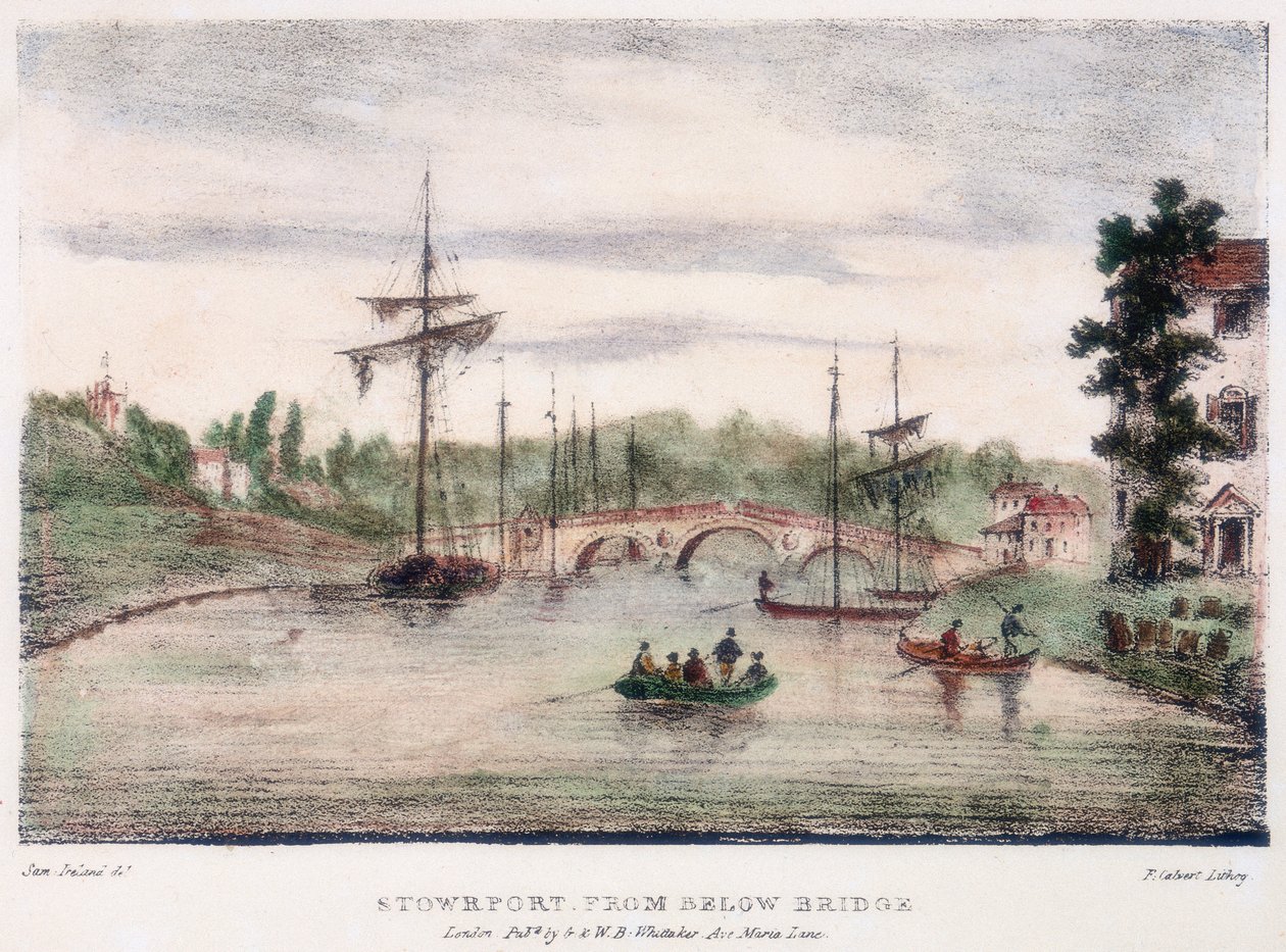 Stourport-on-Severn, Worcestershire, vanaf onder de brug, ca. 1795 door Samuel Ireland