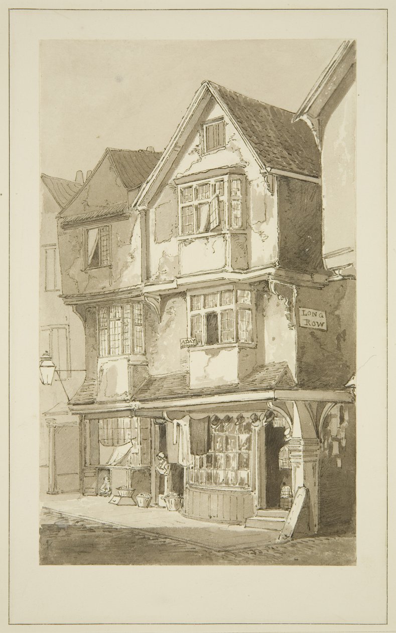 Oude huizen, hoek van Long Row, Temple Street door Samuel Jackson