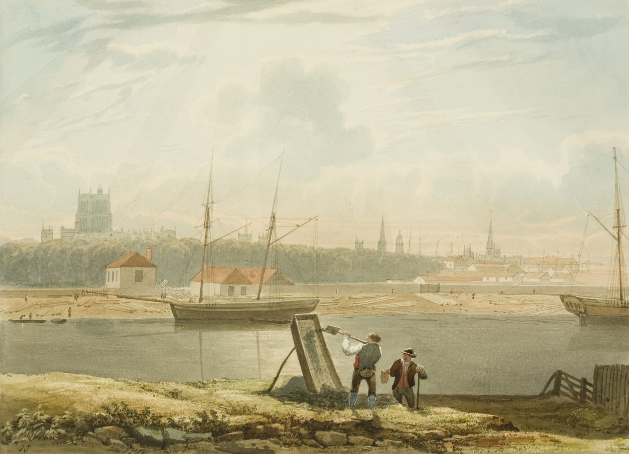 Zicht over de drijvende haven met de kathedraal en stadskerken, ca. 1825 door Samuel Jackson