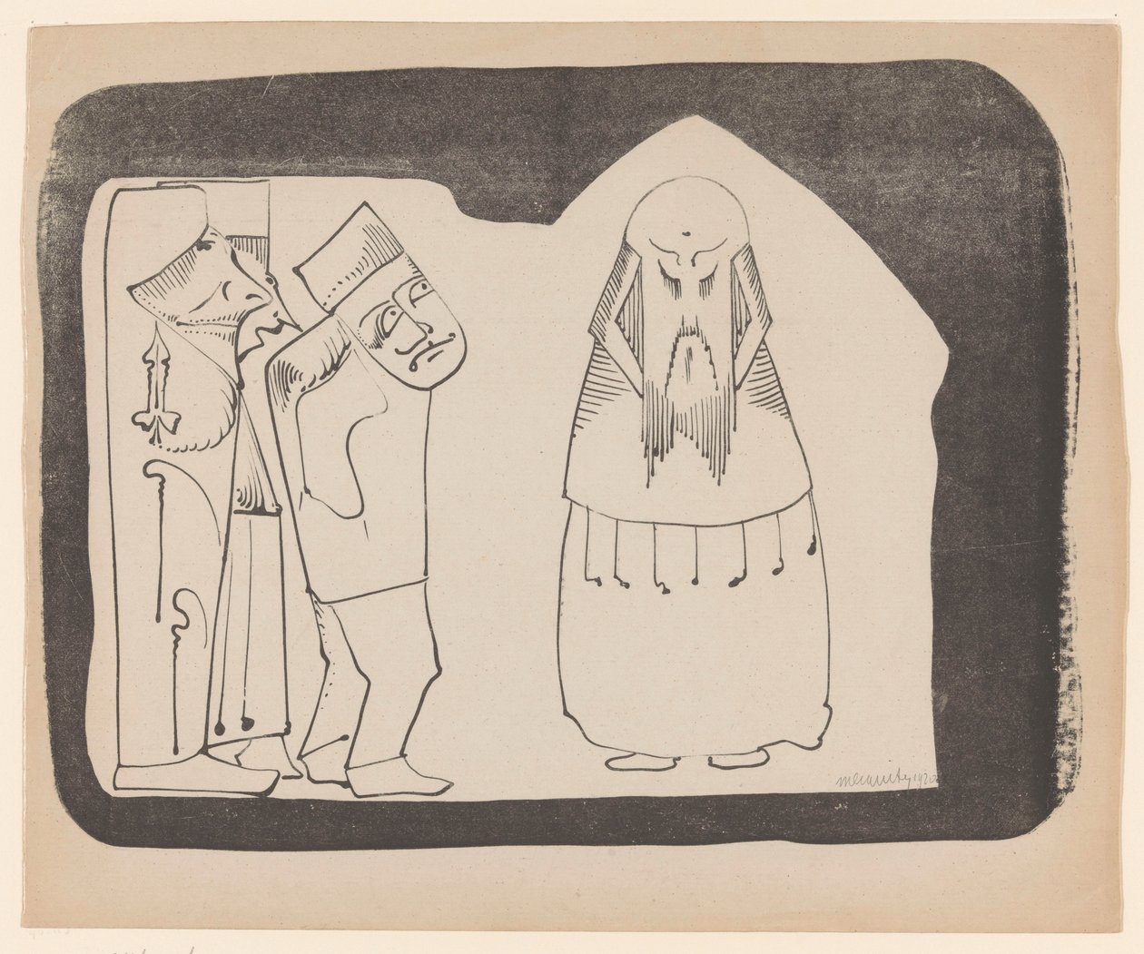 Fantasie: links drie figuren naar rechts, rechts een frontale Chineesachtige gestalte door Samuel Jessurun de Mesquita (signed by artist)
