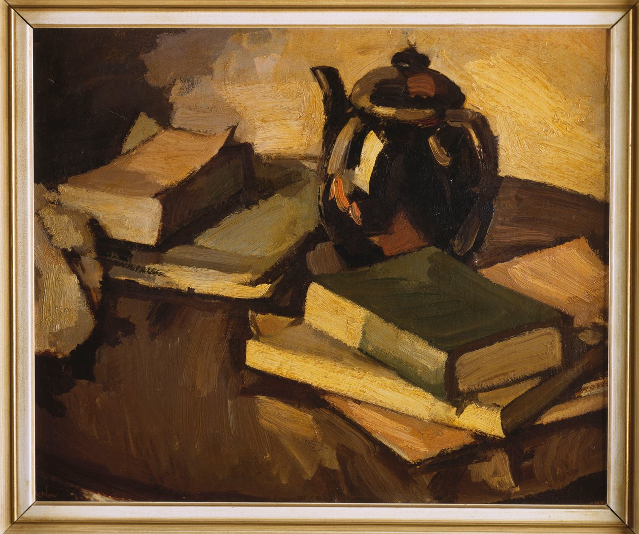 Een stilleven met een theepot en boeken op een tafel, ca. 1926 door Samuel John Peploe