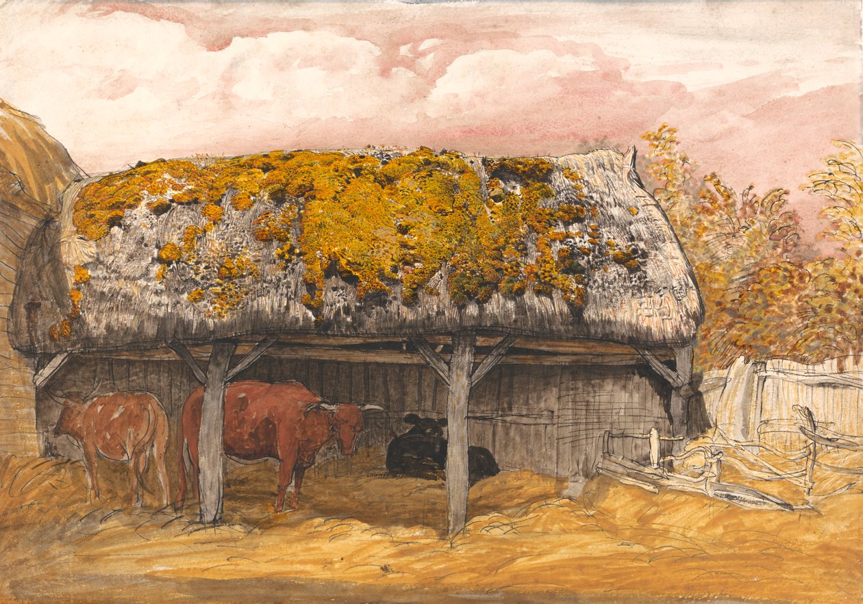Een Koeienstal met een Mossig Dak door Samuel Palmer
