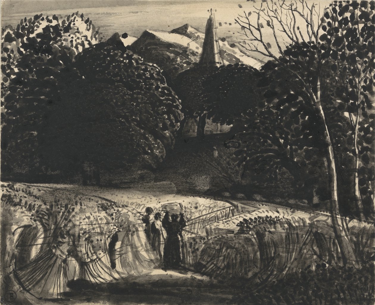 Korenveld en Kerk bij Maanlicht door Samuel Palmer