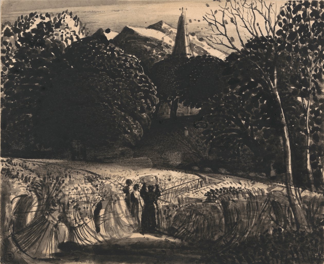 Korenveld en Kerk bij Maanlicht door Samuel Palmer