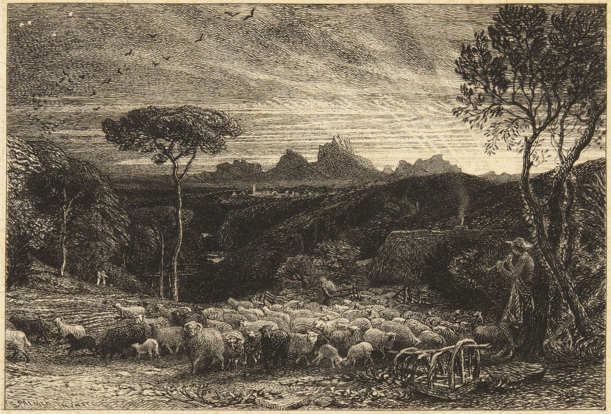 „Het openen van de schaapskooi” of „Vroege ochtend” door Samuel Palmer