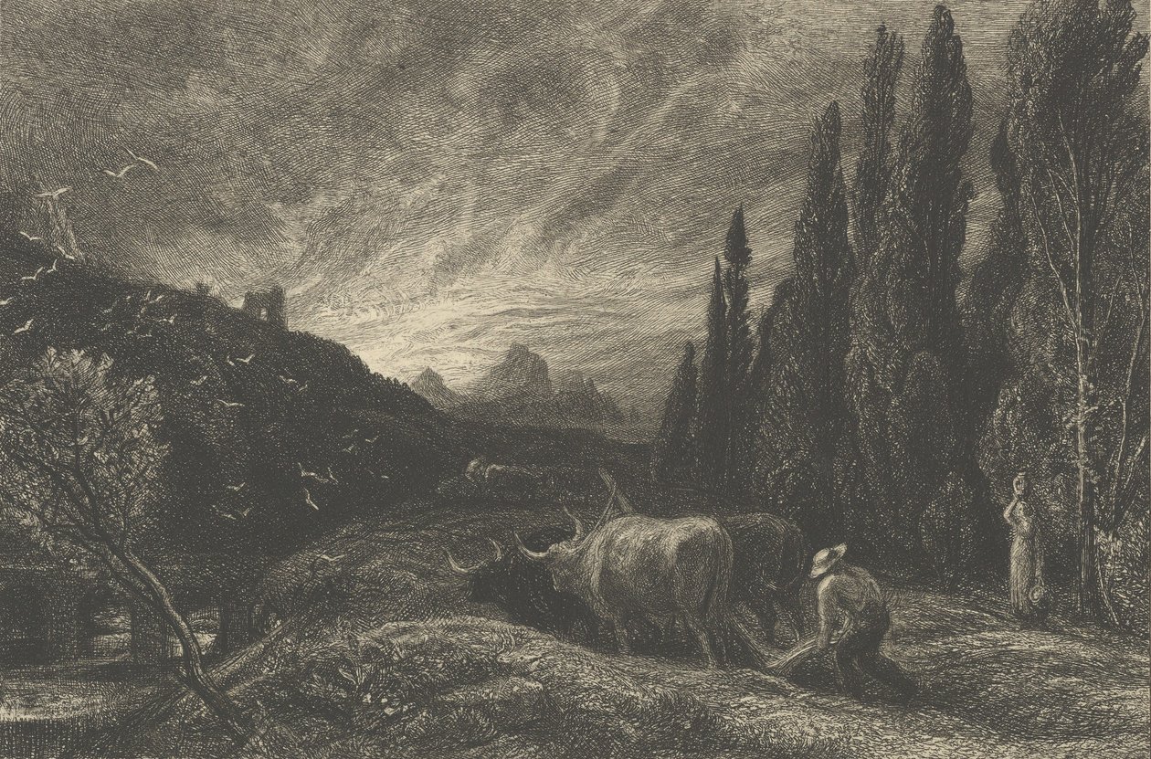 De Vroege Ploeger, of De Ochtend Verspreid Over de Bergen, voor 1861 door Samuel Palmer