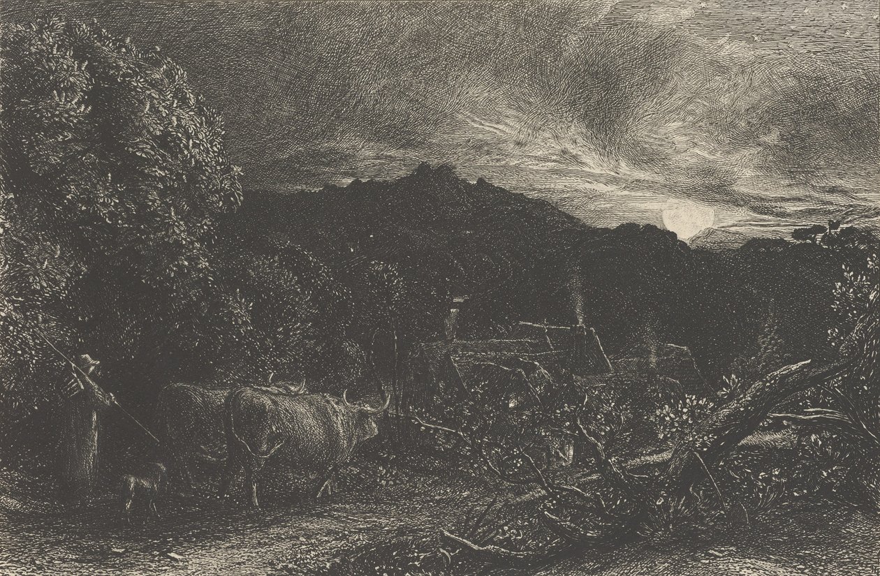 De vermoeide ploeger, of De herder, of Tardus Bubulcus, begonnen 1858 door Samuel Palmer