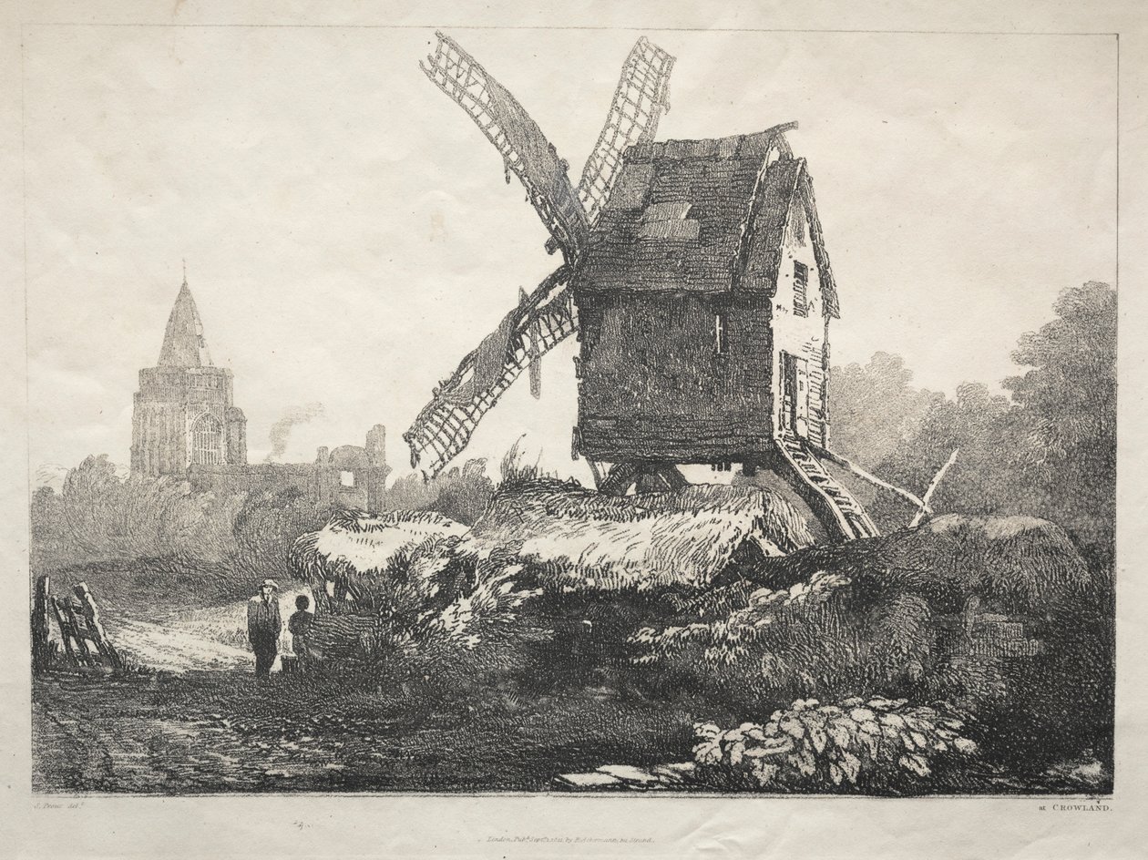 Een serie oude gebouwen en landelijke cottages in het noorden van Engeland: Bij Crowland, Windmolen, 182 door Samuel Prout