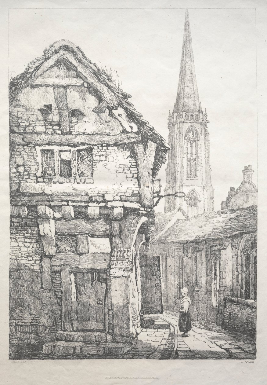 Een serie oude gebouwen en landelijke cottages in het noorden van Engeland: In York, Street..., 1821 door Samuel Prout