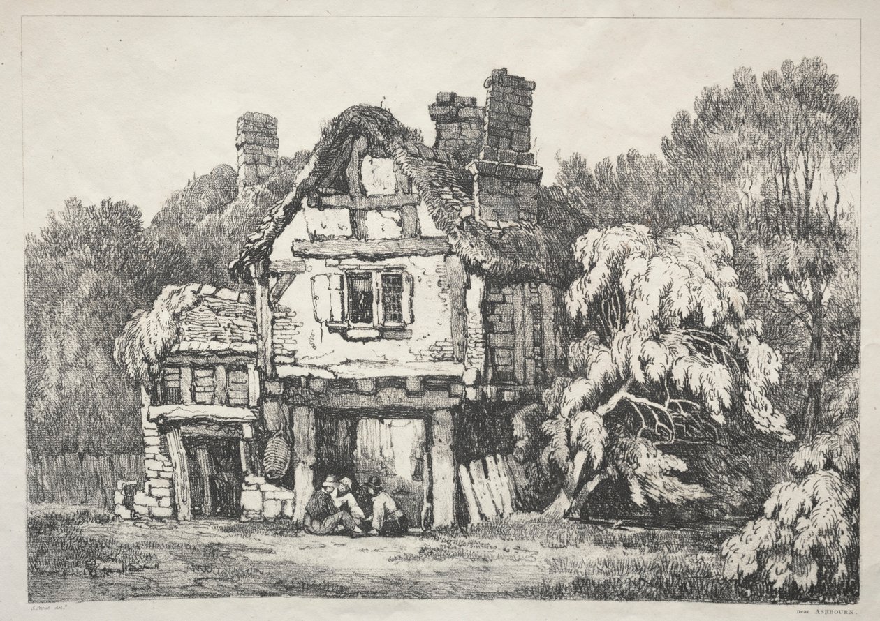 Een serie oude gebouwen en landelijke huisjes in het noorden van Engeland: Bij Ashbourn, 1821 door Samuel Prout