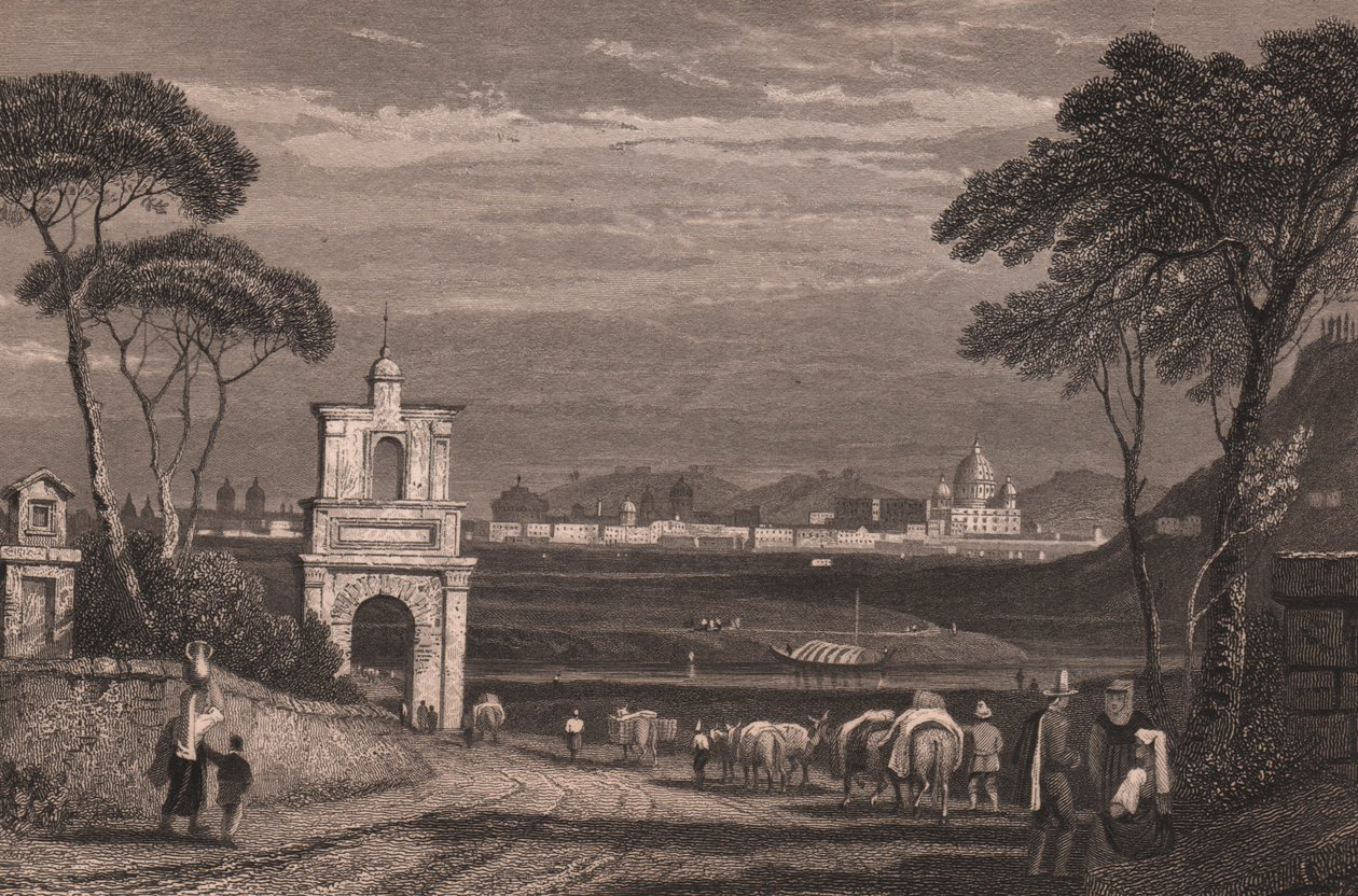 Rome met de koepel van de Sint-Pietersbasiliek aan de rechterkant, Lazio, Italië, staalgravure naar tekening van Samuel Prout, circa 15x115 cm door Samuel Prout