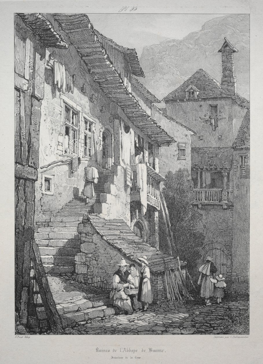 Ruïnes van de abdij van Baume. Interieur van de binnenplaats door Samuel Prout