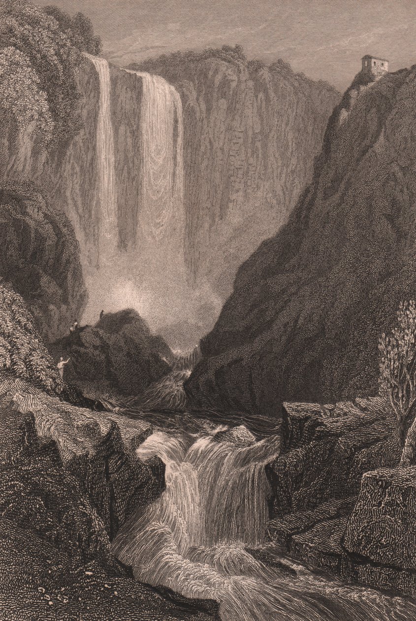 Uitzicht op de watervallen van Marmore nabij Terni, Umbrië, Italië, staalgravure naar tekening van Samuel Prout, circa 15x11.5 cm door Samuel Prout