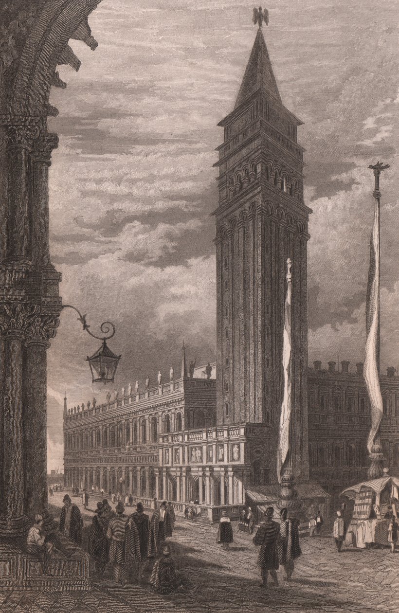 Uitzicht op de klokkentoren van San Marco in Venetië, Italië, gravure naar tekening van Samuel Prout door Samuel Prout