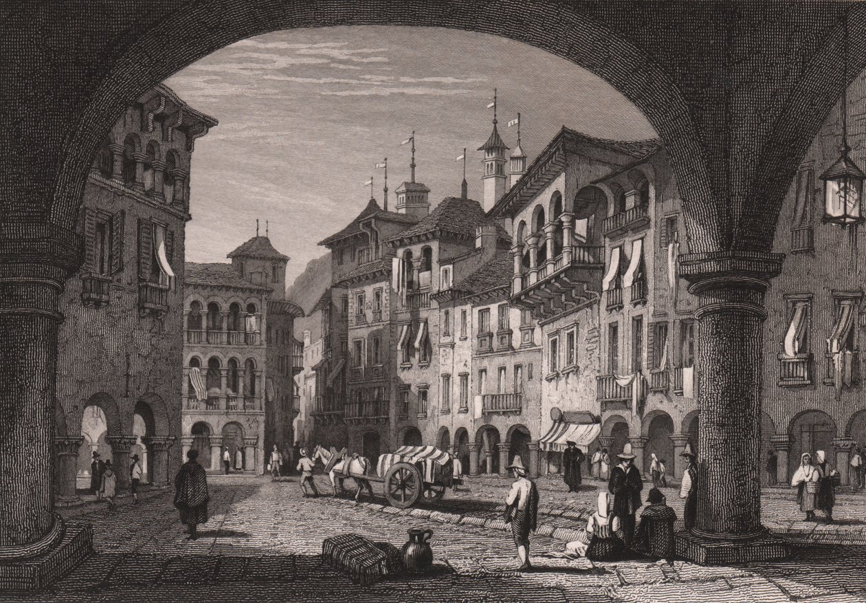 Uitzicht op de marktplaats in Domodossola, Piëmont, Italië, staalgravure naar een tekening van Samuel Prout (1783-1852) door Samuel Prout