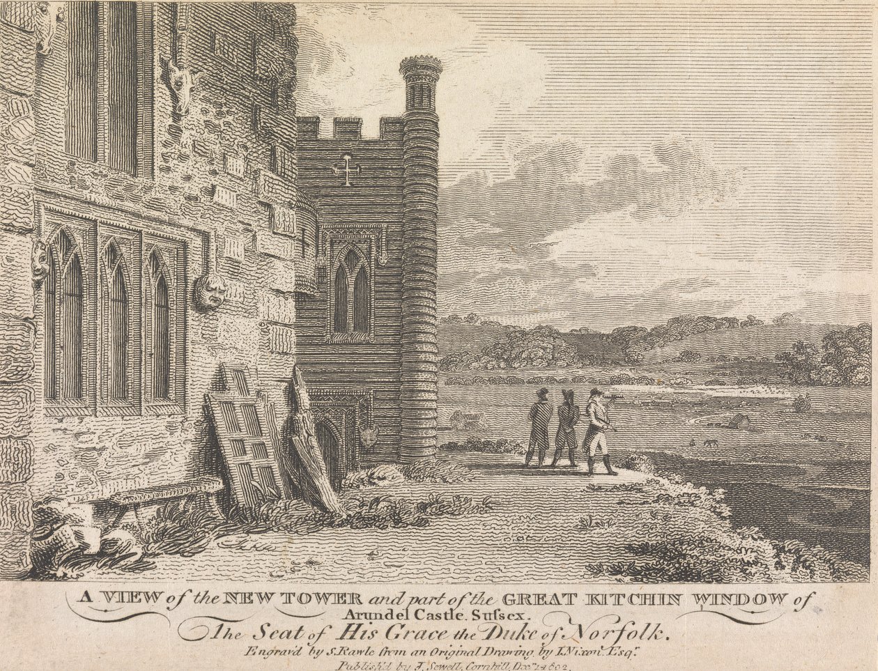 Een Zicht op de Nieuwe Toren en een deel van het Grote Keukenraam van Arundel Castle, Sussex (uitgegeven door J. Sewell); pagina 13 (Volume Eén) door Samuel Rawle