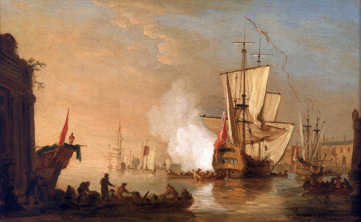 Brits oorlogsschip vuurt het kanon af ter begroeting, bij aankomst in de haven, waarvan de gebouwen een haven in de Middellandse Zee oproepen. Olie op doek, circa 1765, door Samuel Scott (1702-1772) door Samuel Scott
