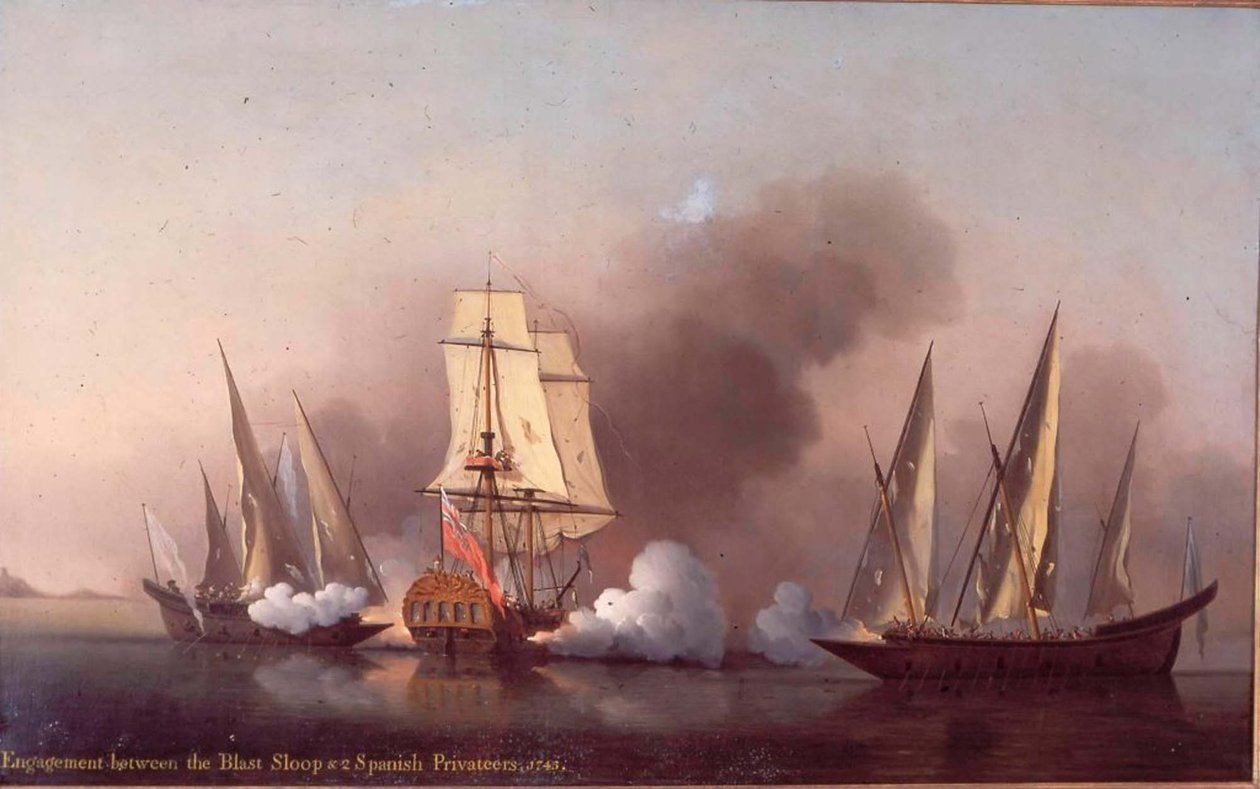 Het Engagement tussen de Blast Sloep en twee Spaanse Kapers door Samuel Scott