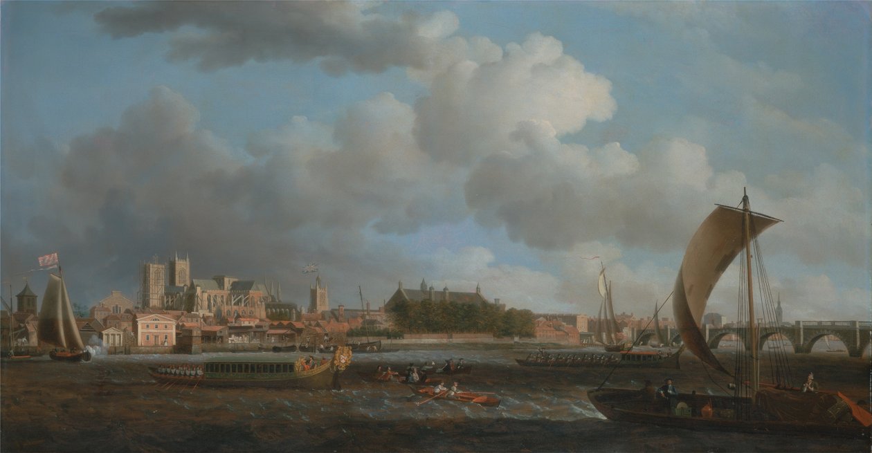 Westminster vanuit Lambeth, met de Ceremoniële Barge van de Ironmongers Company door Samuel Scott