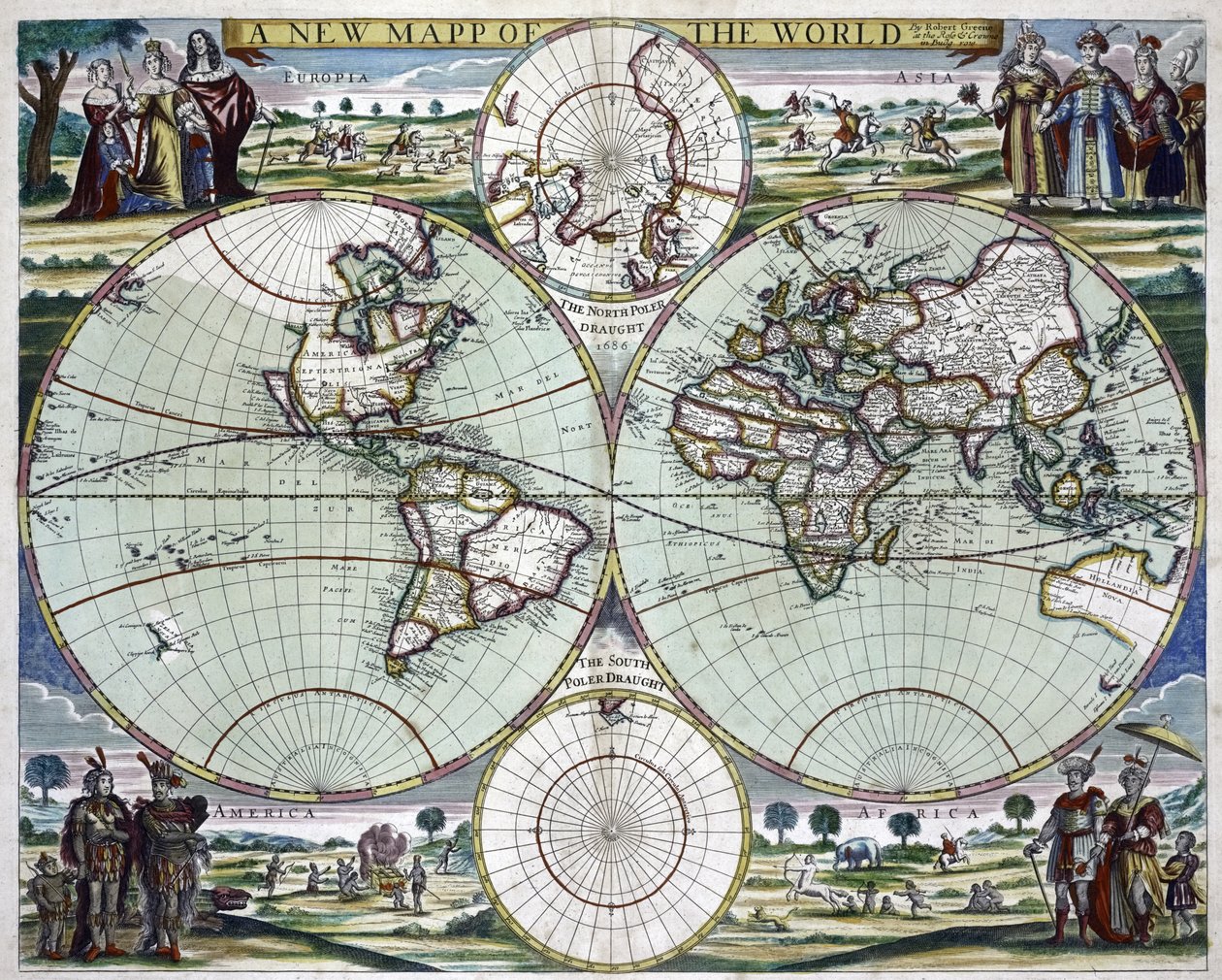 Een nieuwe wereldkaart, c.1702 (prent) door Samuel Thornton