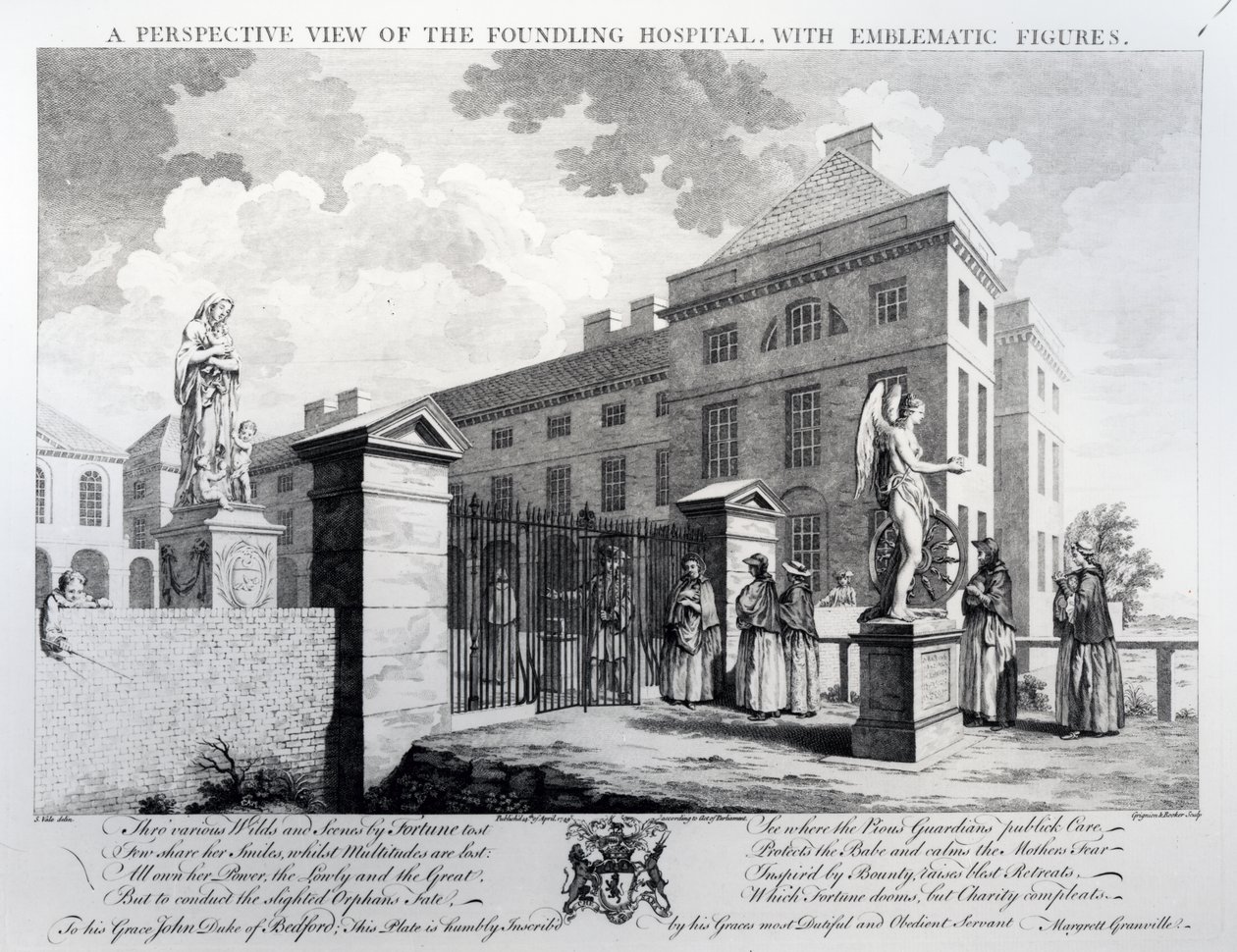Een perspectivisch uitzicht op het Foundling Hospital, gegraveerd door Edward Rooker, 1749 door Samuel Wale