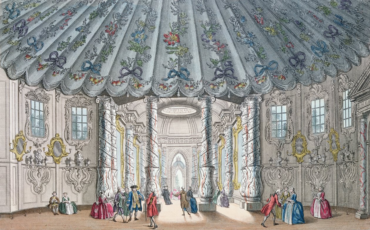 Interieur van de elegante muziekkamer in Vauxhall Gardens, gegraveerd door H. Roberts, 1752 door Samuel Wale