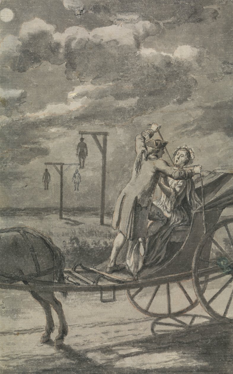 Moord in de koets (Waarschijnlijk een ontwerp voor The Tyburn Chronicle) door Samuel Wale