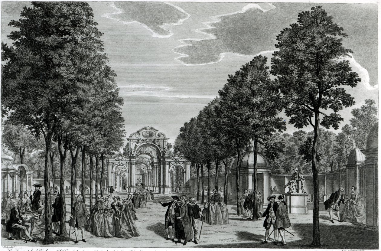 De triomfbogen, standbeeld van Handel in de zuidelijke wandelgang van Vauxhall Gardens, gegraveerd door John S. Muller door Samuel Wale
