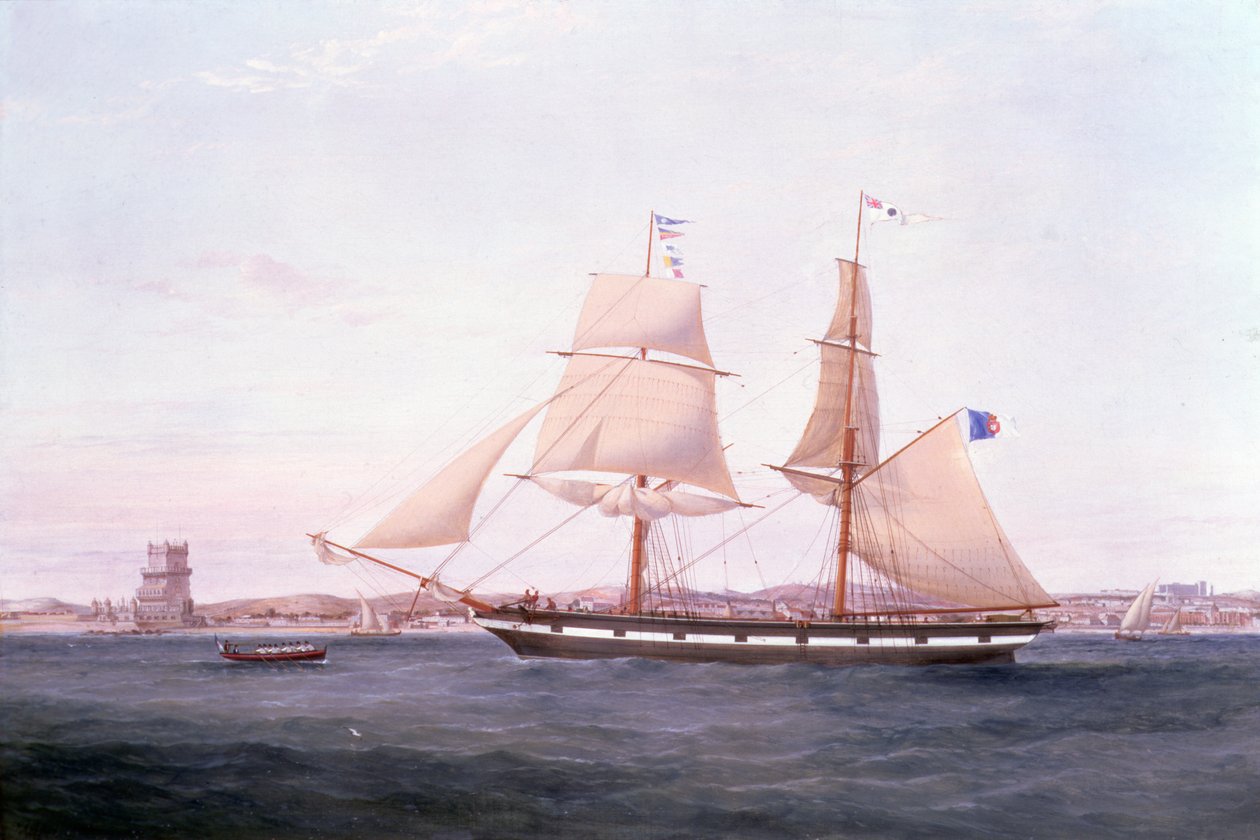 De Maria Helena voor Lissabon met de Toren van Belem voor haar Boeg door Samuel Walters