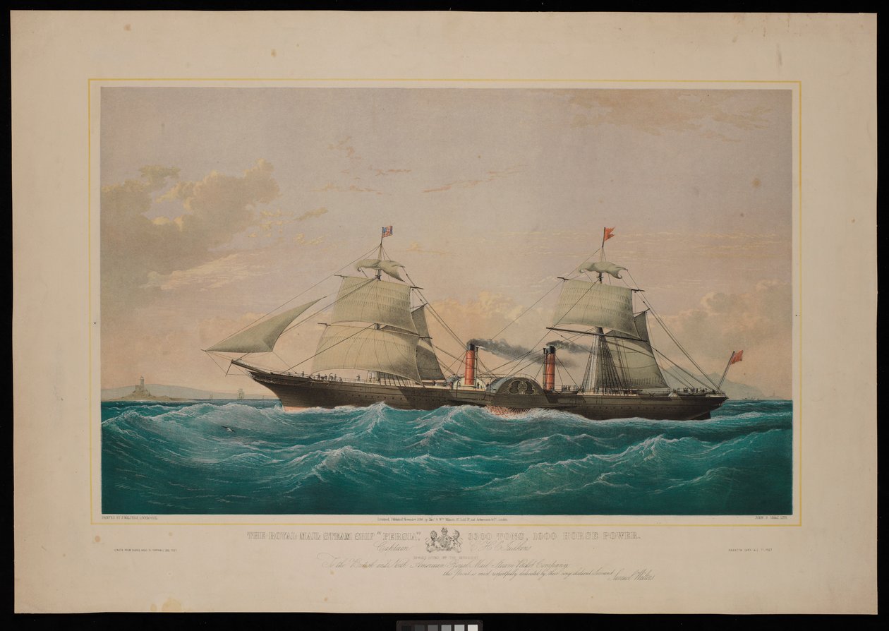 De Royal Mail stoomschip Persia... Kapitein C H E Jodkins (Inward Bound, bij de Skerries) Aan de British and North American Royal Mail Steam Packet Company wordt deze prent met het grootste respect opgedragen door Samuel Walters