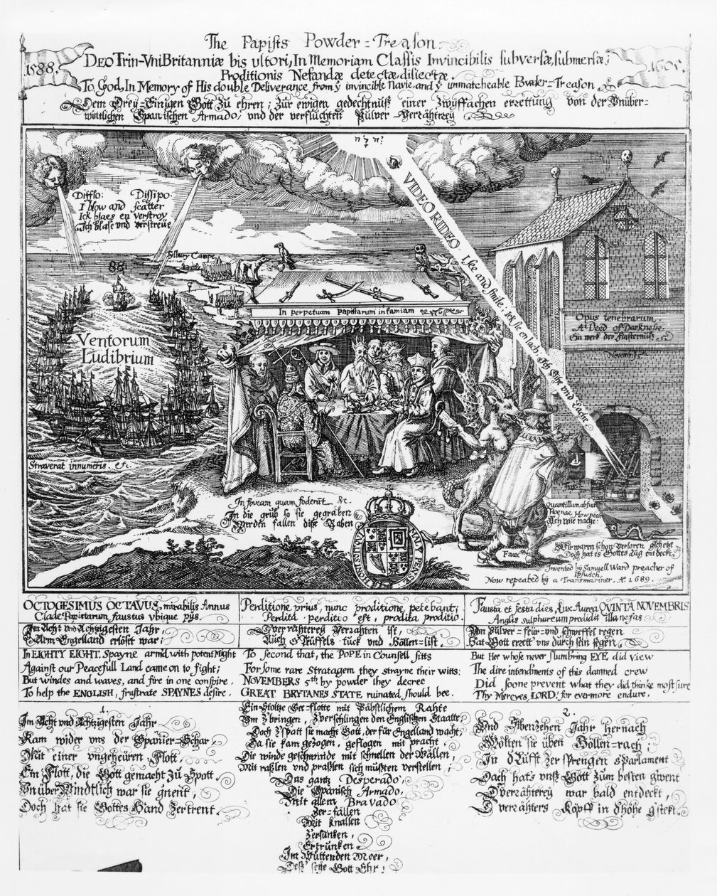 Aan God, ter Nagedachtenis aan zijn Dubbele Bevrijding van de Onoverwinnelijke Vloot (1588) en het Onvergelijkbare Kruitverraad (1605), (gravure) herdrukt door een Transmariner, 1689 door Samuel Ward