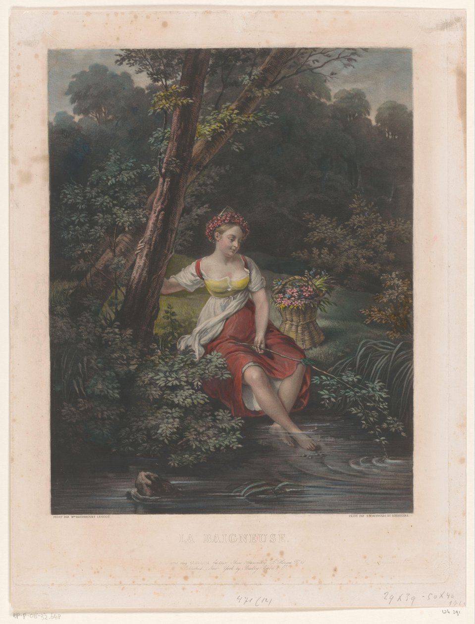 Jonge vrouw met bloemenkrans en voeten in het water door Samuel William Reynolds (I)