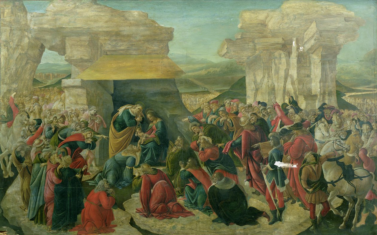 Aanbidding der wijzen, ca. 1480 (tempera op paneel) (beschadigd) door Sandro Botticelli