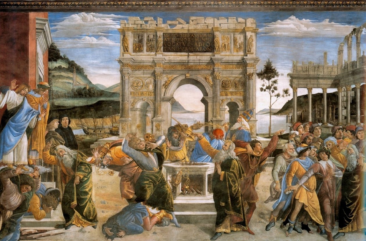 De Bestraffing van Korach en de Steniging van Mozes en Aaron door Sandro Botticelli