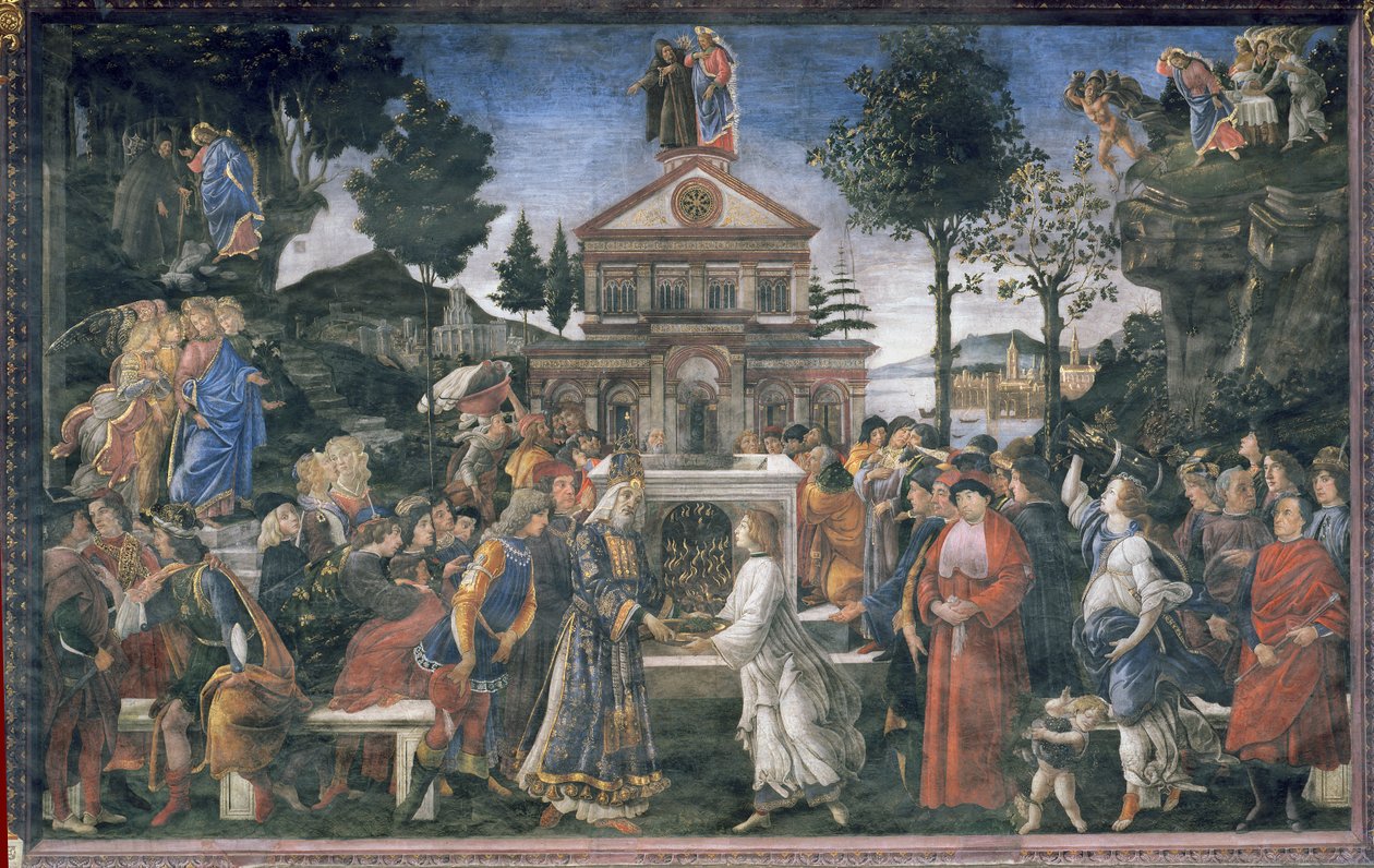 De reiniging van de melaatse en de verzoeking van Christus, in de Sixtijnse Kapel, 1481 door Sandro Botticelli