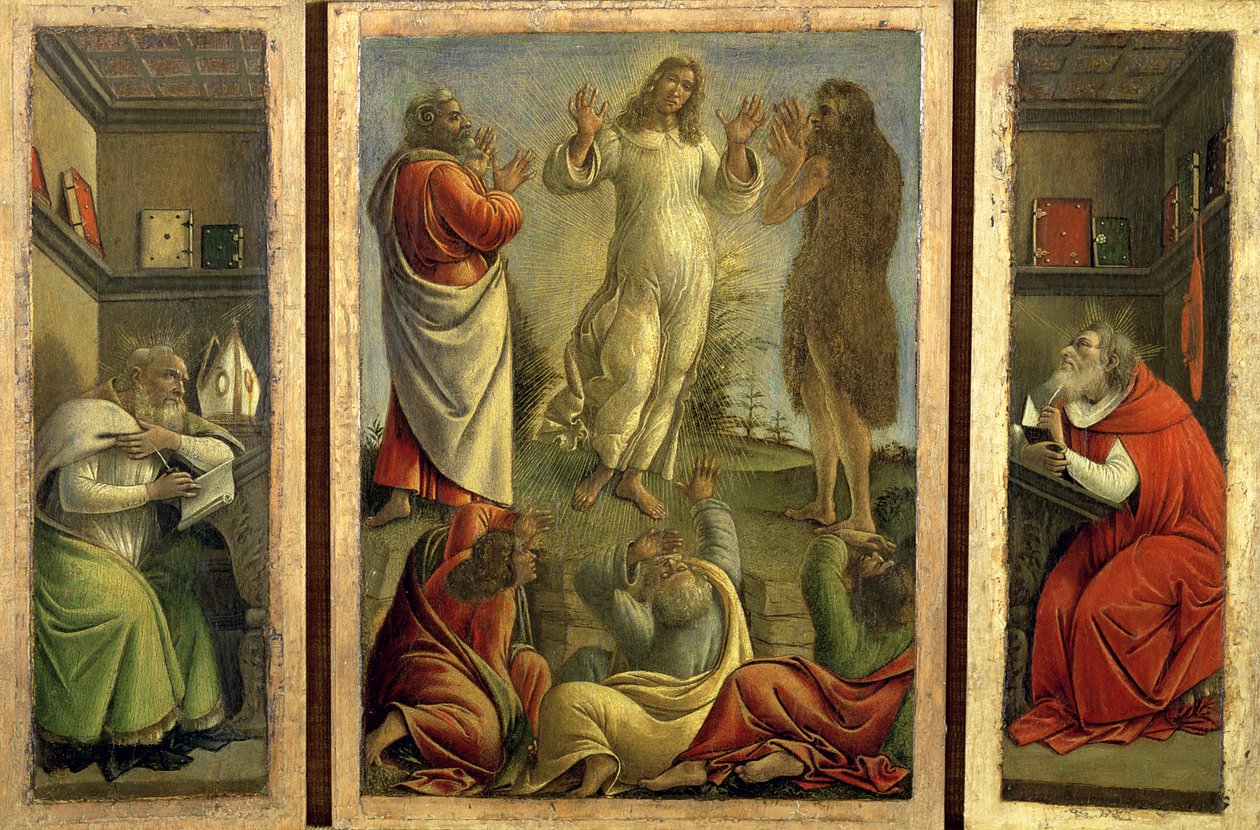 Drieluik met de Transfiguratie, Jezus Verschijnt aan zijn Discipelen met Heiligen Jerome en Augustinus op de zijpanelen, ca. 1500 door Sandro Botticelli