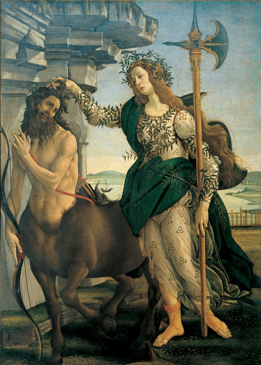 Pallas (Athena of Minerva) en de Centaur door Alessandro di Mariano dei Filipepi genaamd Sandro Botticelli (1445-1510), ca. 1482 - Florence, Uffizi Gallery. door Sandro Botticelli