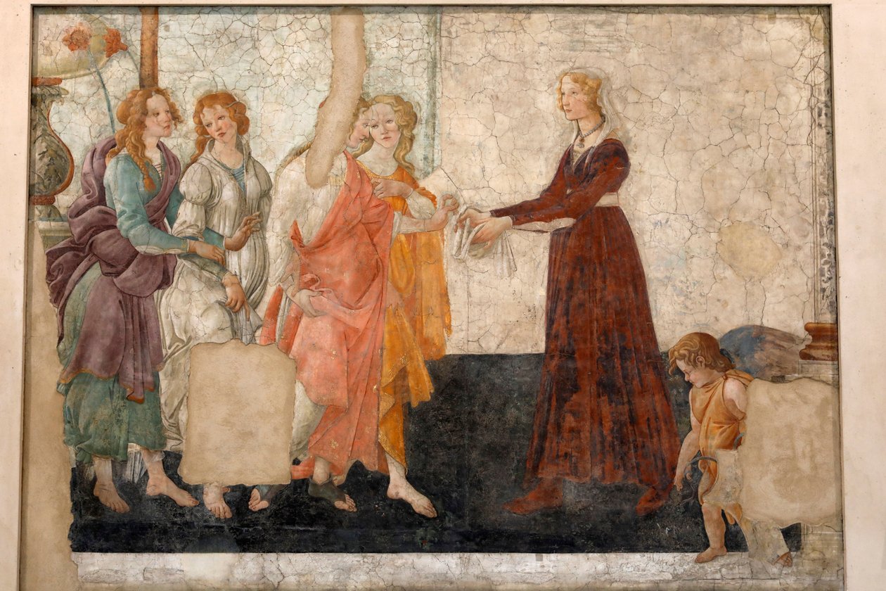 Venus en de drie gratiën die geschenken aanbieden aan een maagd, ca. 1483-85 (fresco) door Sandro Botticelli
