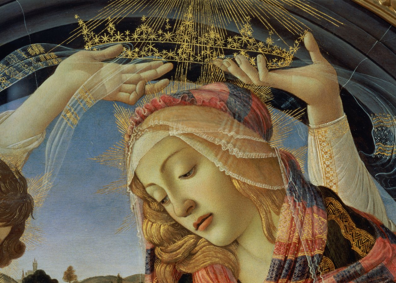 De Madonna van de Magnificat, detail van het gezicht en de kroon van de Maagd door Sandro Botticelli