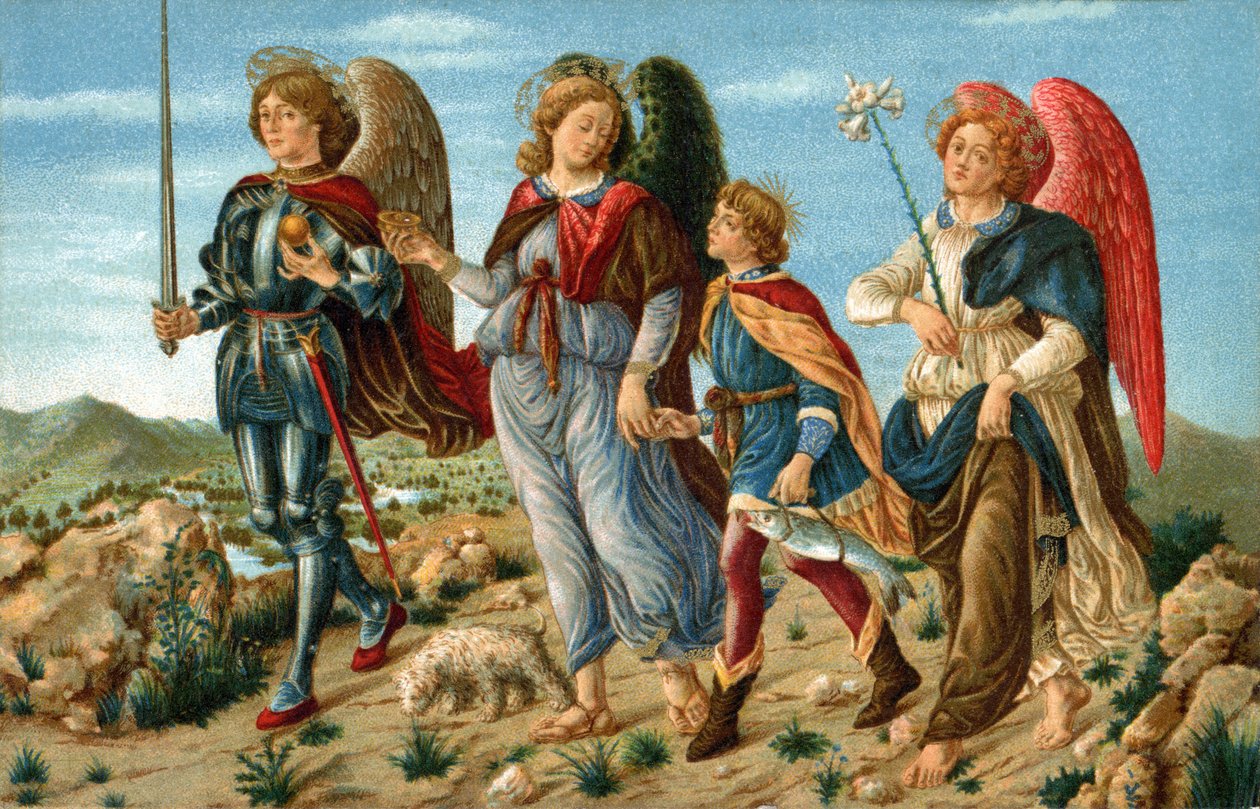 De drie aartsengelen en Tobie. De engelen Raphael, Gabriel en Michel begeleiden de jonge Tobie. Chromolithografie gemaakt rond 1900 voor ansichtkaart volgens het schilderij van Sandro Botticelli (1445-1510) door Sandro (after) Botticelli