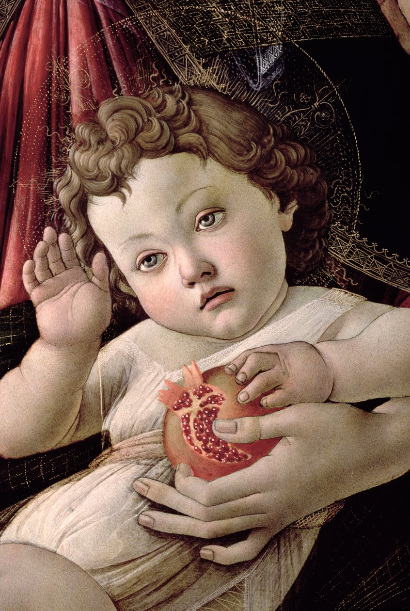 Detail van het Christuskind van de Madonna van de Granaatappel door Sandro Botticelli