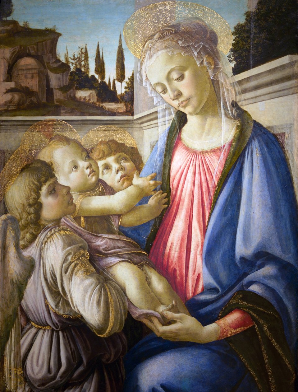 Italiaans:  Madonna col Bambino e due angeli Madonna en kind en twee engelen door Sandro Botticelli
