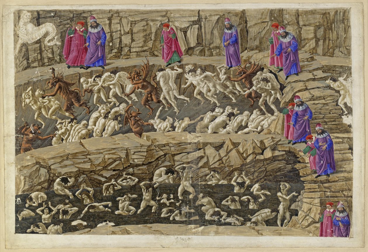 La Divina Commedia, Inferno XVIII. Vergilius en Dante in de achtste cirkel van de hel (Malebolge), 1e en 2e bolgia: de straf voor koppelaars en verleiders, vleiers en hoeren door Sandro Botticelli