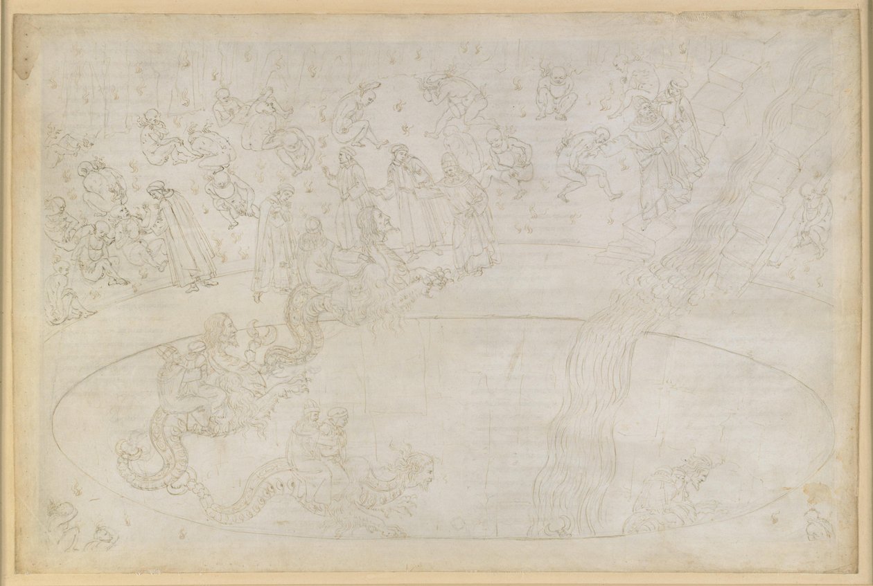La Divina Commedia, Inferno XVII. Vergilius en Dante in de zevende cirkel van de hel, 3e zone: daders van geweld tegen de goddelijke orde in de vlammenwoestijn, bestraffing van de woekeraars; afdaling naar de diepte op de rug van Geryon door Sandro Botticelli