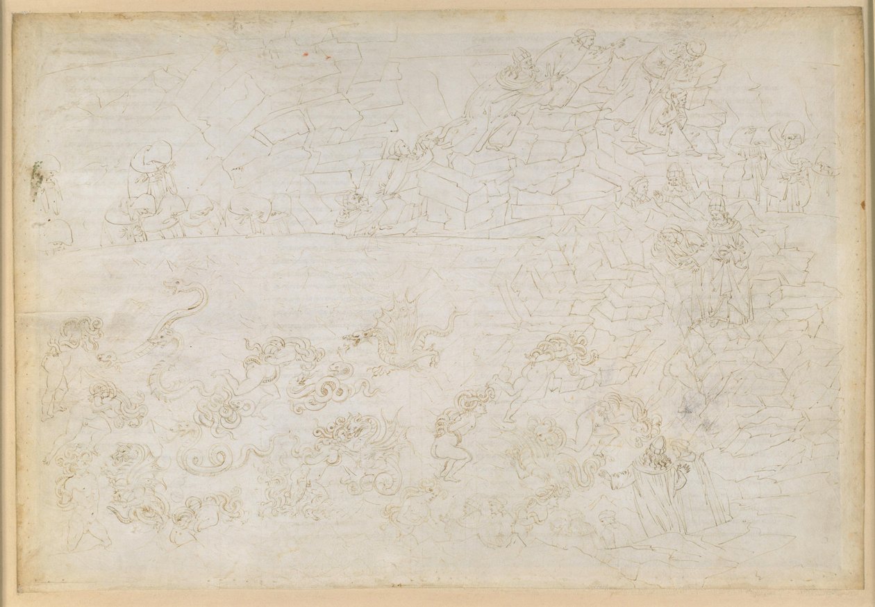 La Divina Commedia, Inferno XXIV. Vergilius en Dante in de achtste cirkel van de hel (Malebolge), 7e bolgia: de straf voor dieven en rovers; de voorspellingen van Vanni Fucci door Sandro Botticelli