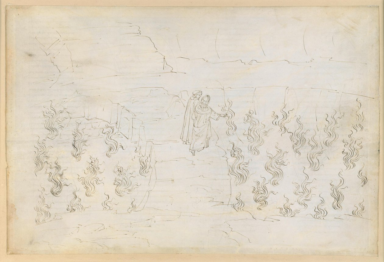 La Divina Commedia, Inferno XXVII: Achtste cirkel van de hel (Malebolge), 8e bolgia: Straf voor de valse raadgevers; gesprek met Guido da Montefeltro door Sandro Botticelli