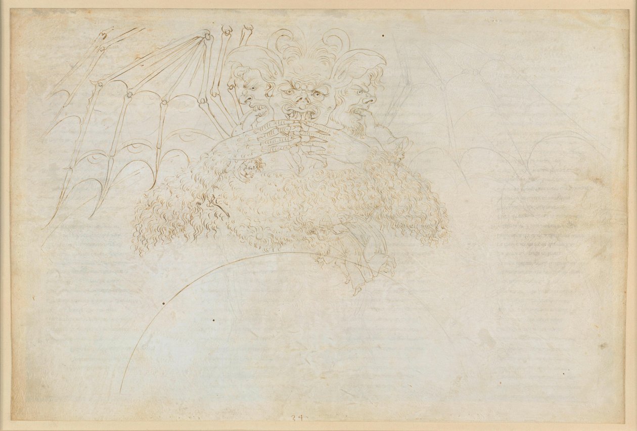 La Divina Commedia, Inferno XXXIV (1): Het centrum van de hel: Lucifer in het ijs van de Giudecca, die Judas, Brutus en Cassius verplettert door Sandro Botticelli