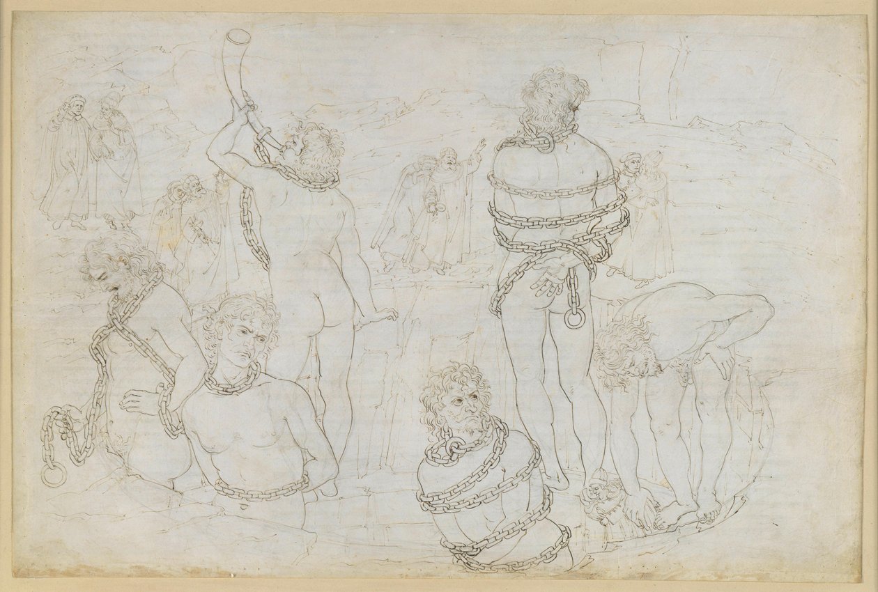 La Divina Commedia, Inferno XXXI. Achtste cirkel van de hel (Malebolge): De strijd van de reuzen – Pozzo dei Giganti door Sandro Botticelli