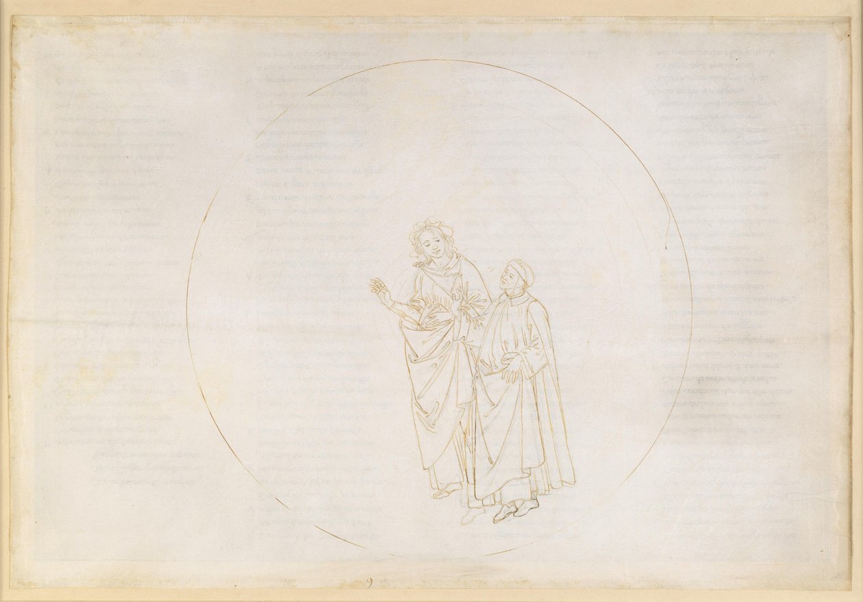 La Divina Commedia, Paradiso IX. Derde planetaire sfeer (hemel van Venus): Cunizza d’Romano en Folquet van Marseille leggen aan Dante de aard van hun ster uit door Sandro Botticelli