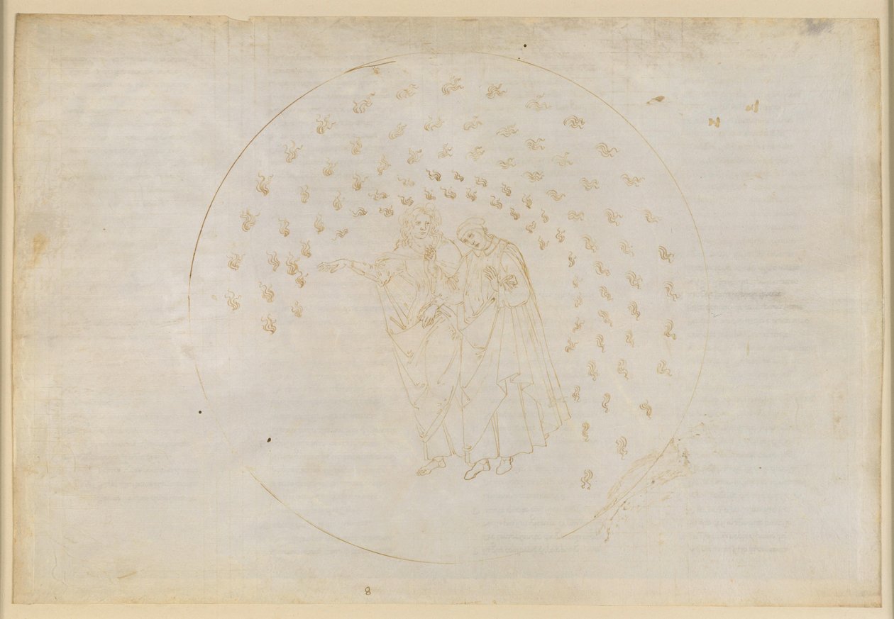 La Divina Commedia, Paradiso VIII. Derde planetaire sfeer (hemel van Venus): het rijk van de geliefden; de ziel van Karel Martel klaagt over zijn familie en legt Dante uit waarom mensen zo verschillend zijn door Sandro Botticelli